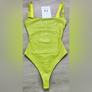 Naked Wardrobe Bodysuit Faux Crocodile Leather Neon Green Thong Womens NWT